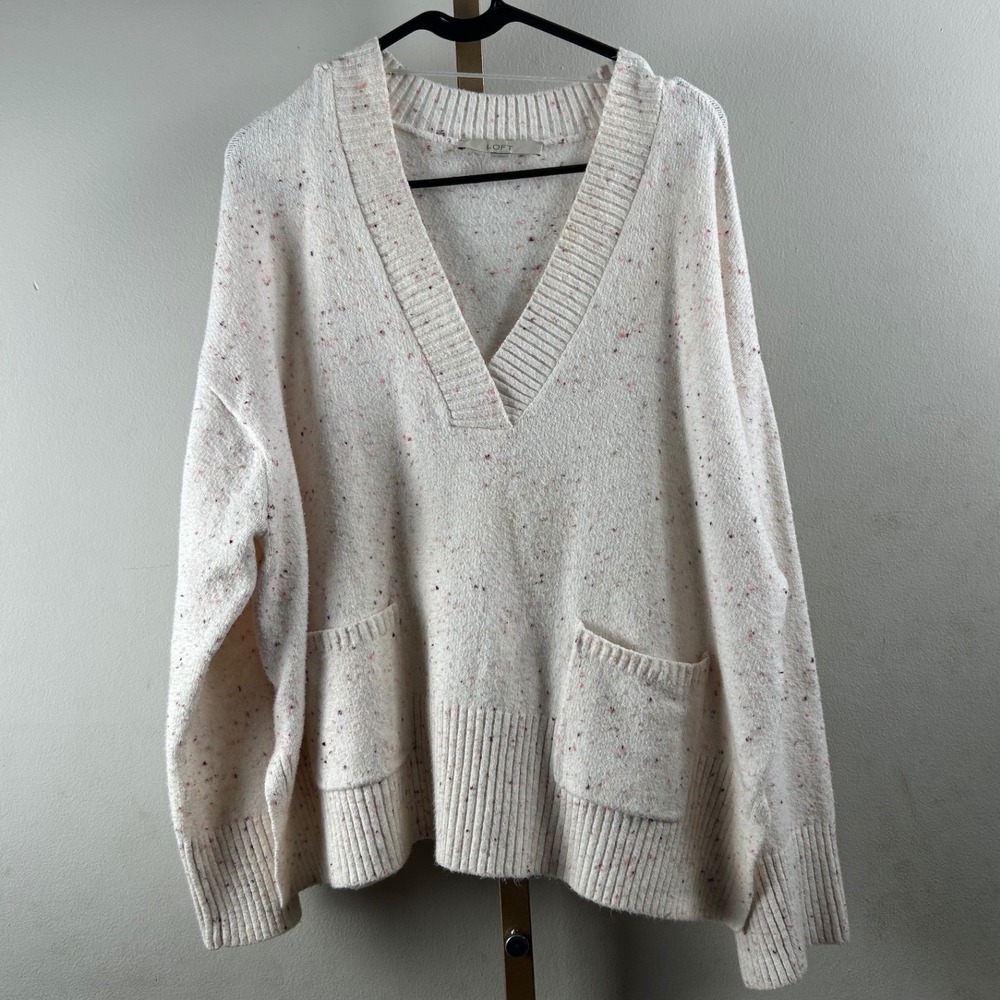 LOFT V-Neck Sweater Womens Small Cream Pink Confetti Knit Pocket Pullover cozy
